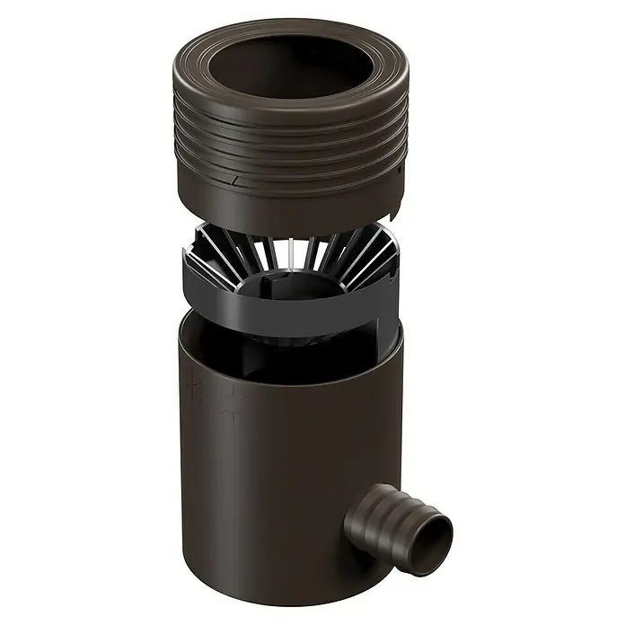 Marley Regensammler - Nennweite: 53 mm - 75 mm, Filter, Braun - Explosionsansicht eines braunen Wasserfilters mit Anschlussstutzen, der die interne Filterstruktur und das Design zeigt.