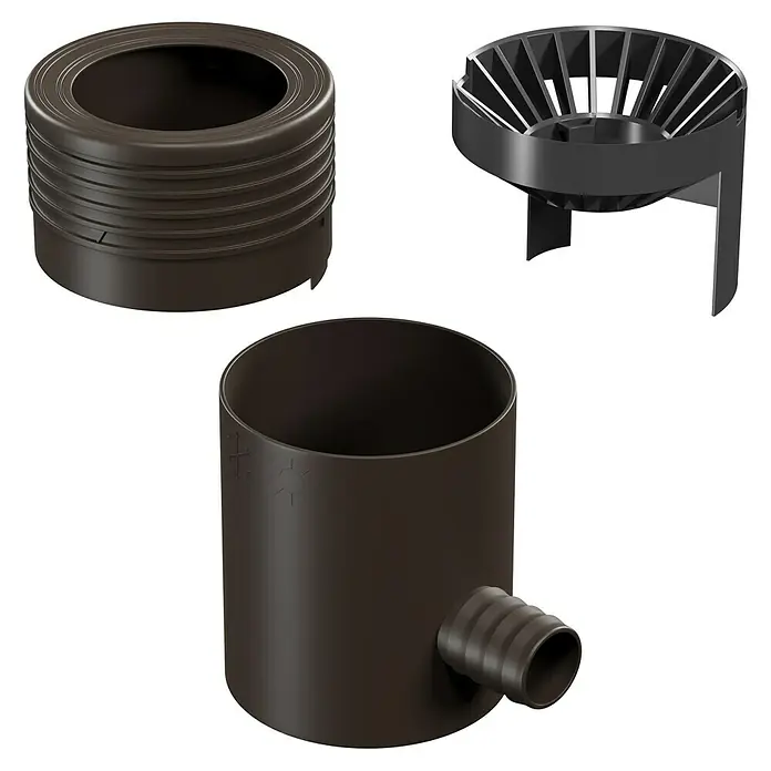 Marley Regensammler - Nennweite: 53 mm - 75 mm, Filter, Braun - Das Bild zeigt ein Regenwassersammler-Set in Braun, bestehend aus drei Einzelteilen für die Installation und Nutzung von Regenwasser.
