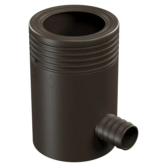 Marley Regensammler - Nennweite: 53 mm - 75 mm, Filter, Braun - Detailaufnahme eines braunen Zisternenfilters mit seitlichem Ablaufanschluss und feinen Rillen am oberen Rand.