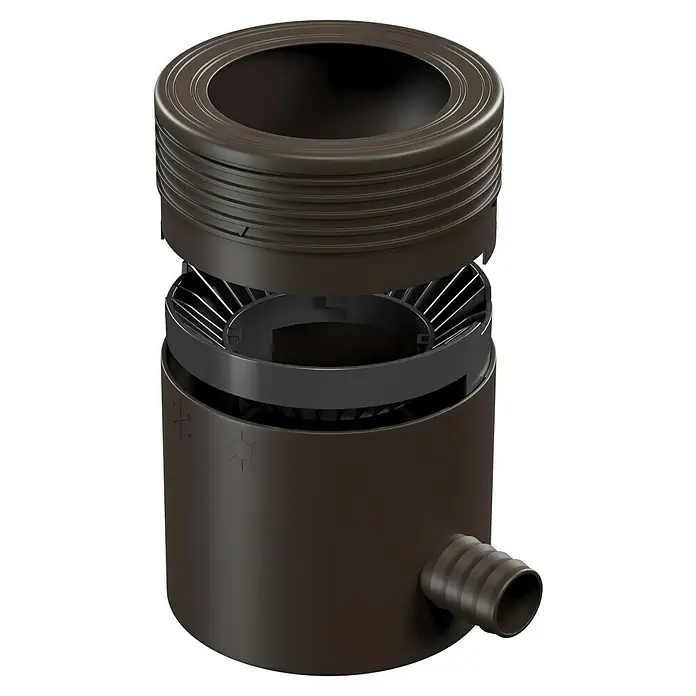 Marley Regensammler - Nennweite: 105 mm, Filter, Braun - Detailansicht eines braunen Gartenfilters. Das Design zeigt die Komponenten in einer auseinandergezogenen Darstellung, um die innere Konstruktion zu zeigen.