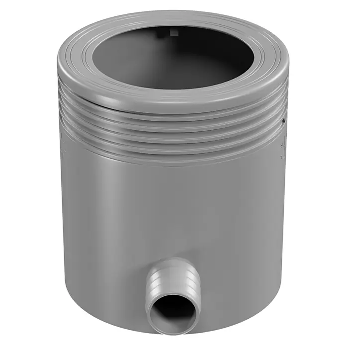 Marley Regensammler - Nennweite: 105 mm, Filter, Grau - Graue PVC-Ablaufgarnitur mit einem seitlichen Schlauchanschluss und einem oberen Ablaufring für Waschbecken und Spülen.