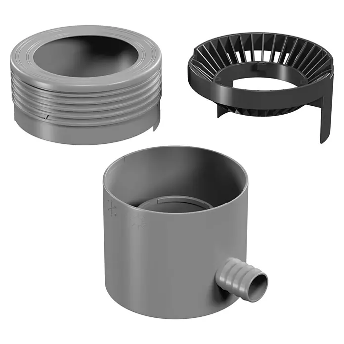 Marley Regensammler - Nennweite: 105 mm, Filter, Grau - Abbildung von drei Sanitärinstallationskomponenten: ein Adapter, ein Sieb und ein Siphon mit Anschluss für ein Rohr.