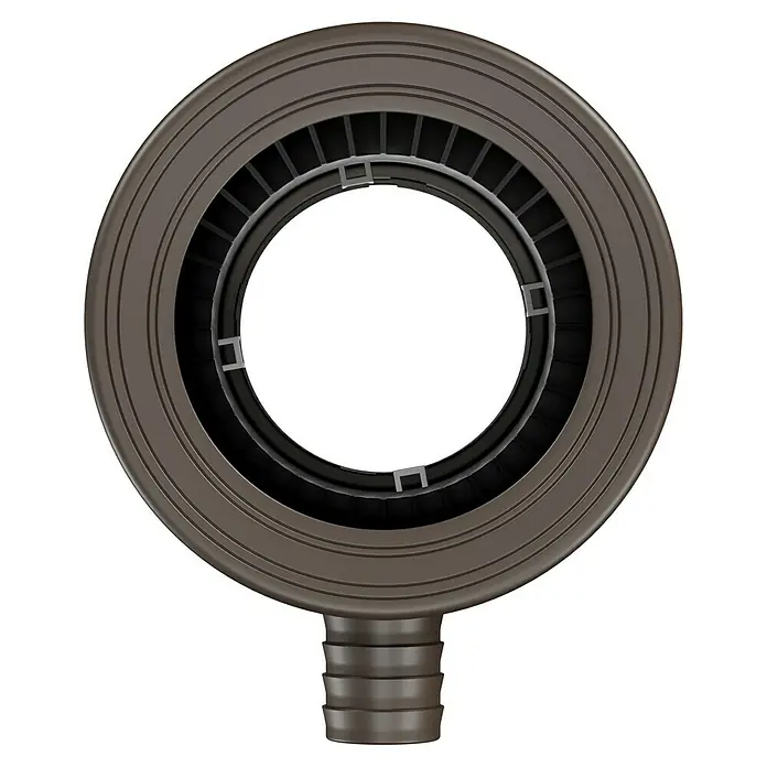Marley Regensammler - Nennweite: 105 mm, Filter, Braun - Nahaufnahme eines runden Bodenablaufs aus Metall mit mehreren Ringen und einem Abflussrohr, isoliert auf Schwarz.