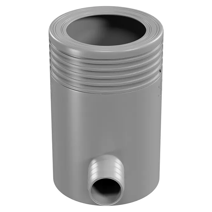 Marley Regensammler - Nennweite: 53 mm - 75 mm, Filter, Grau - Ein graues Kunststoffrohr mit Gewinde oben und einem seitlichen Abzweig, das für Sanitärinstallationen verwendet wird.