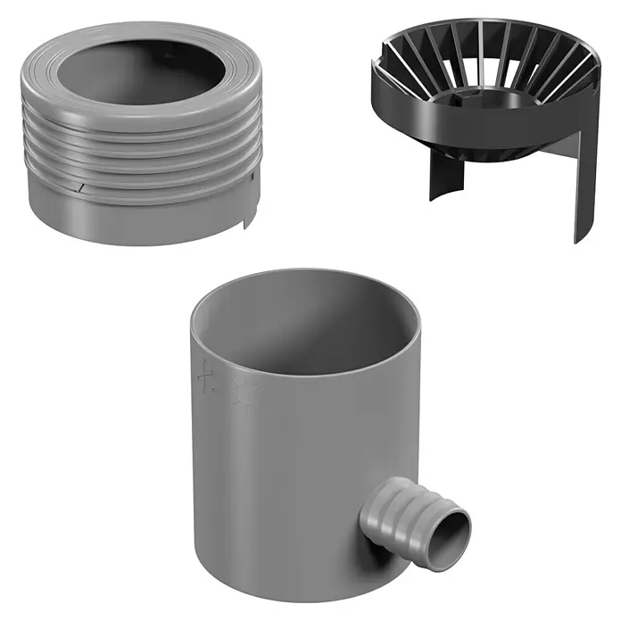 Marley Regensammler - Nennweite: 53 mm - 75 mm, Filter, Grau - Abbildung eines Ablaufsets mit verschiedenen Kunststoffteilen, die für die Installation benötigt werden.