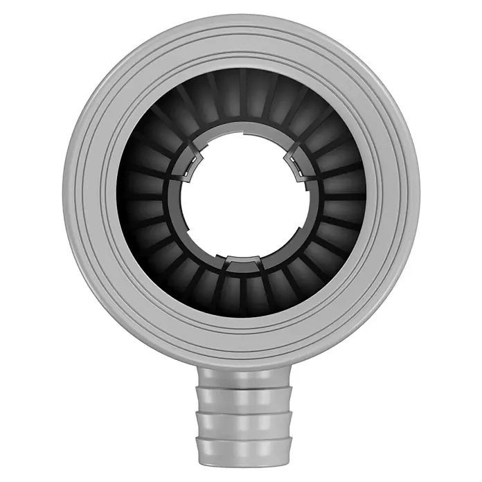 Marley Regensammler - Nennweite: 53 mm - 75 mm, Filter, Grau - Aufsicht auf einen grauen Bodenablauf mit kreisförmigem Design und einem Abflussrohr, ideal für Badezimmer und Duschen.
