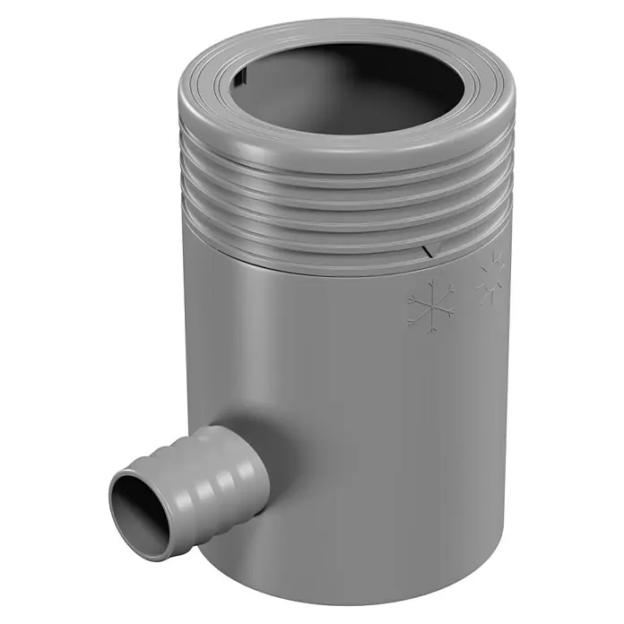 Marley Regensammler - Nennweite: 53 mm - 75 mm, Filter, Grau - Graues Kunststoffteil mit seitlichem Abflussrohr und Einstellungsmarkierungen für Sommer- und Winterbetrieb.