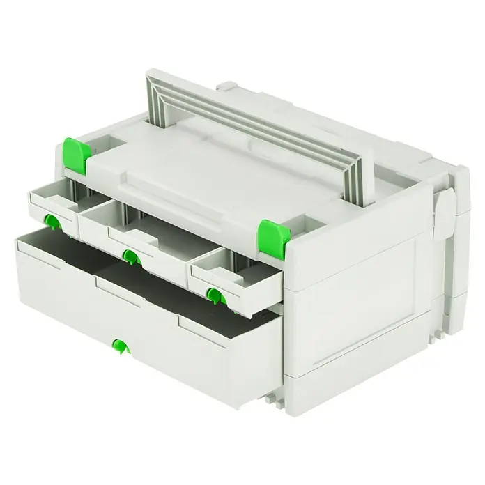 Festool Kleinteilemagazin Sortainer SYS 3-Sort/4 - Anzahl Schubladen: 4 Stk., 29,5 x 39,5 x 21 cm - Schubladenbox mit grünem Verschluss. Die Box ist mit mehreren Schubladen ausgestattet und verfügt über einen praktischen Tragegriff.
