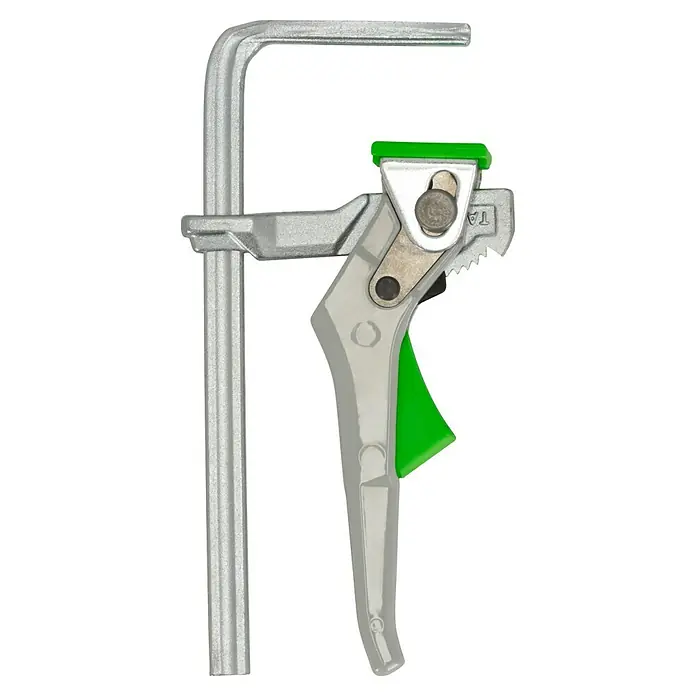 Festool Hebelzwinge FS-HZ 160 - Spannweite: 160 mm - Eine Hebelzwinge mit silberfarbenem Rahmen und einem grünen Griff zum sicheren Fixieren von Werkstücken bei Handwerksarbeiten.