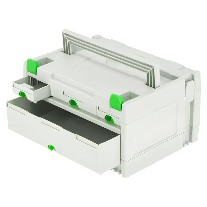 Festool Kleinteilemagazin Sortainer SYS 3-Sort/4 - Anzahl Schubladen: 4 Stk., 29,5 x 39,5 x 21 cm - Ein weißes Schubladenelement mit grünen Akzenten, das Teil eines modularen Aufbewahrungssystems ist und Ordnung schafft.