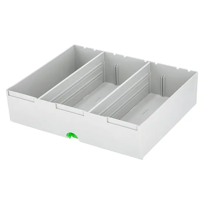 Festool Kleinteilemagazin Sortainer SYS 3-Sort/4 - Anzahl Schubladen: 4 Stk., 29,5 x 39,5 x 21 cm - Weiße Schubladenbox mit grünen Akzenten, ideal für Bürobedarf oder zur Organisation im Haushalt. Das Schubfach hat verschiedene Fächer.