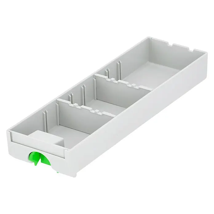Festool Kleinteilemagazin Sortainer SYS 3-Sort/4 - Anzahl Schubladen: 4 Stk., 29,5 x 39,5 x 21 cm - Weiße Kunststoff-Besteckschale mit drei Fächern und einem grünen Griff. Ideal für die Organisation von Küchenutensilien und Besteck in Schubladen.