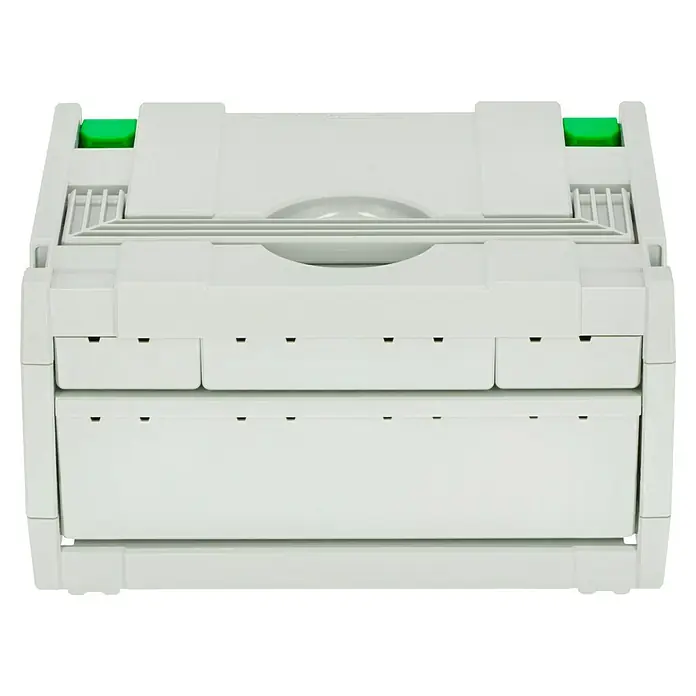 Festool Kleinteilemagazin Sortainer SYS 3-Sort/4 - Anzahl Schubladen: 4 Stk., 29,5 x 39,5 x 21 cm - Detailansicht des TANOS Systainer T-Loc SYS-StorageBox 3 Schubladen: Ein praktischer und robuster Organizer für Werkstatt und unterwegs.