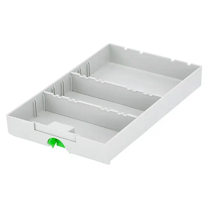 Festool Kleinteilemagazin Sortainer SYS 3-Sort/4 - Anzahl Schubladen: 4 Stk., 29,5 x 39,5 x 21 cm - Ein geräumiger, weißer Aufbewahrungsbehälter mit Fächern und einem grünen Akzent für optimale Organisation. Perfekt für Büro oder Zuhause.