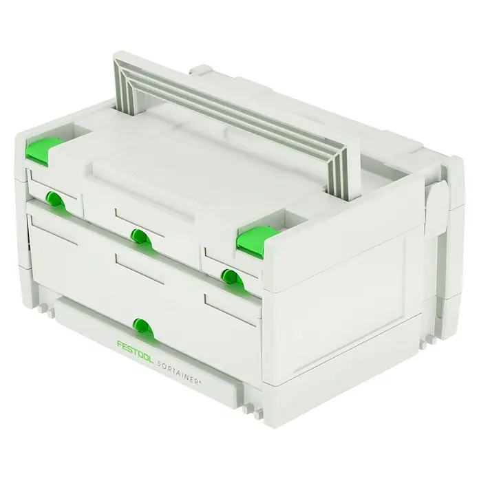 Festool Kleinteilemagazin Sortainer SYS 3-Sort/4 - Anzahl Schubladen: 4 Stk., 29,5 x 39,5 x 21 cm - Festool Sortainer mit drei Schubladen. Der Sortainer ist weiß mit grünen Akzenten und einem Tragegriff aus Kunststoff.