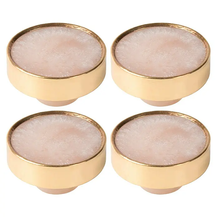 Möbelknopf-Set - 4 Stk., Typ Möbelgriff: Knopf, Ø x H: 40 x 20 mm, Sonstige, Sonstige - Nahaufnahme von vier runden Möbelknöpfen mit rosa Steinplatten und goldenen Akzenten, die Eleganz und Stil für jedes Zuhause bieten.