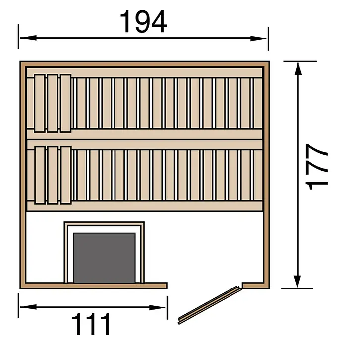 Weka Elementsauna HALMSTAD 7,5 kW BioS Gr.2 - Mit Ofen, L x B x H: 177 x 194 x 199 cm, Materialspezifizierung Tür: Ganzglas - Darstellung eines detaillierten Grundrisses einer Sauna mit Maßangaben für Breite und Tiefe.