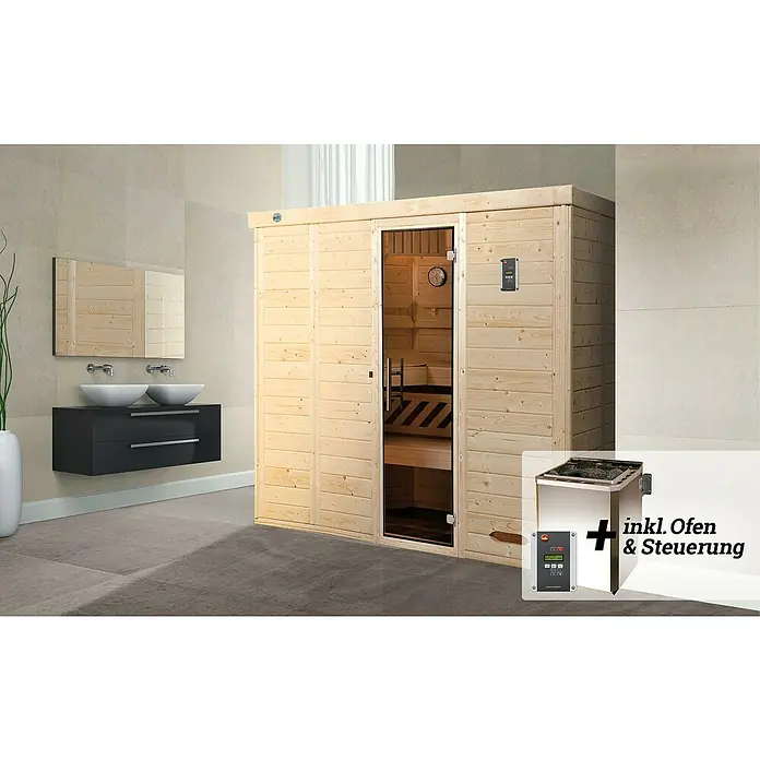 Weka Elementsauna KEMI 7,5 kW BioS GT Gr.5 - Elektroofen, Steuerung Ofen: Extern, L x B x H: 188 x 238 x 200 cm - Eine moderne Sauna mit Holzverkleidung, Glaseingang und digitaler Steuerung, inklusive Ofen, in einem stilvollen Badezimmer.