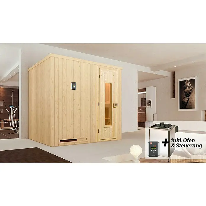 Weka Elementsauna KEMI 7,5 kW OS GT Gr.5 - Elektroofen, Steuerung Ofen: Extern, L x B x H: 188 x 238 x 200 cm - Produktabbildung einer kompakten Heimsauna aus Holz mit integrierter Steuerung und Ofen.