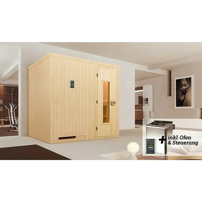 Weka Elementsauna HALMSTAD 7,5 kW BioS Gr.2 - Mit Ofen, L x B x H: 177 x 194 x 199 cm, Materialspezifizierung Tür: Ganzglas - Eine helle Holzsauna mit Steuerung und Ofen steht in einem modernen Raum. Der Saunaofen ist separat daneben platziert.