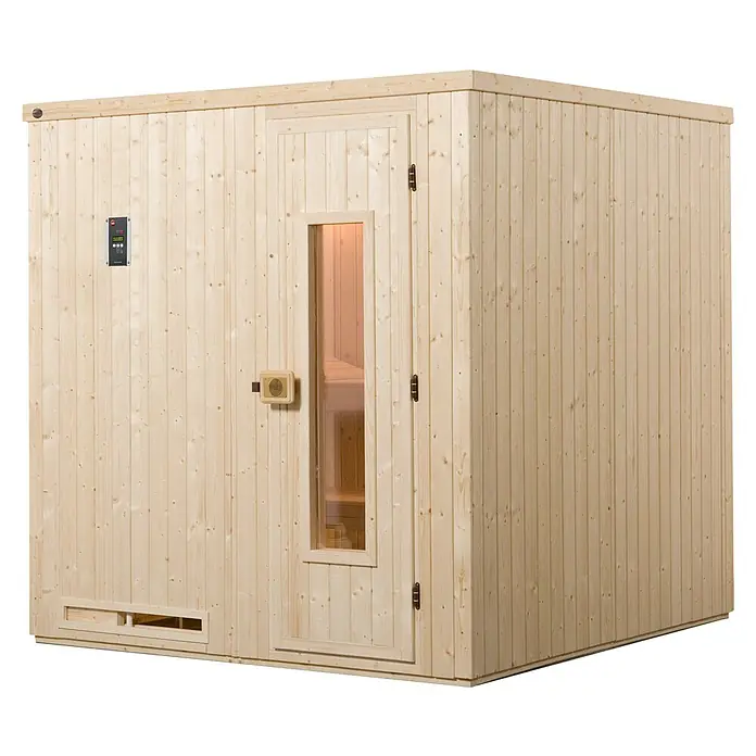 Weka Elementsauna HALMSTAD 7,5 kW BioS Gr.2 - Mit Ofen, L x B x H: 177 x 194 x 199 cm, Materialspezifizierung Tür: Ganzglas - Holzsauna mit Glastür und digitaler Steuerung für entspannende Wellnessmomente im eigenen Zuhause. Die Sauna bietet Platz für mehrere Personen.
