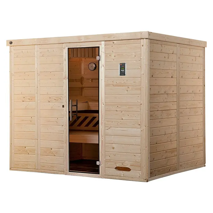 Weka Elementsauna KEMI 7,5 kW BioS GT Gr.5 - Elektroofen, Steuerung Ofen: Extern, L x B x H: 188 x 238 x 200 cm - Eine freistehende Sauna aus hellem Holz mit Glastür und digitaler Steuerung für ein entspannendes Saunaerlebnis.