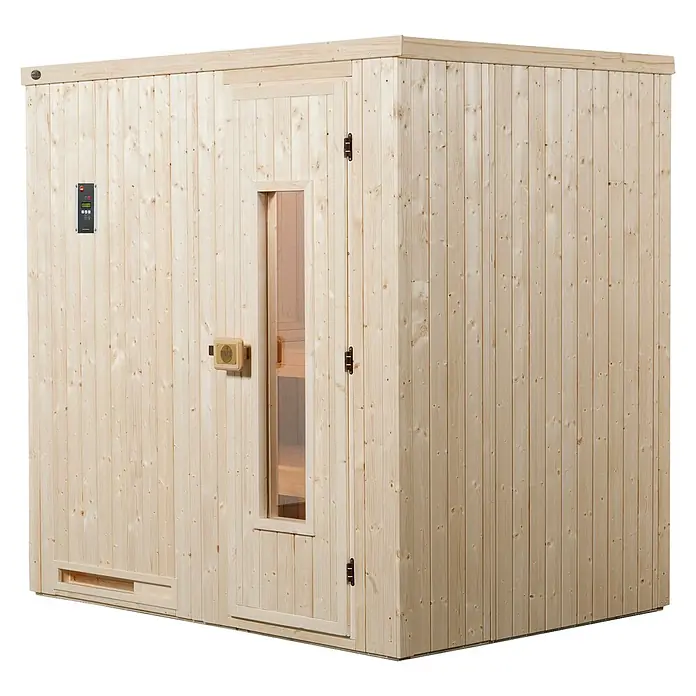 Weka Elementsauna KEMI 7,5 kW OS GT Gr.5 - Elektroofen, Steuerung Ofen: Extern, L x B x H: 188 x 238 x 200 cm - Ein detailreiches Bild einer Holzsauna mit Tür und kleinem Fenster, ideal für Wellness und Entspannung.