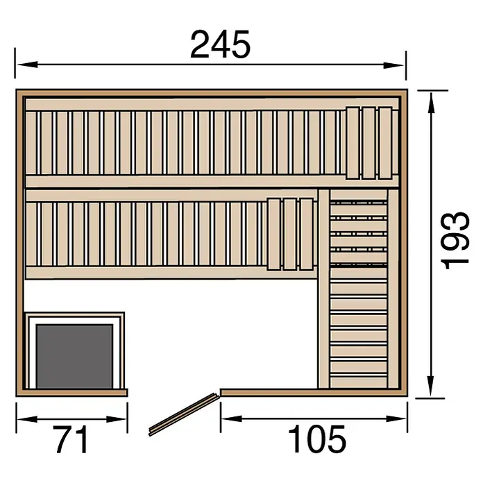 Weka Elementsauna KEMI 7,5 kW BioS GT Gr.5 - Elektroofen, Steuerung Ofen: Extern, L x B x H: 188 x 238 x 200 cm - Grundriss einer Sauna mit den Maßen 245 x 193 cm, einem Ofenbereich von 71 cm Breite und einem Eingangsbereich von 105 cm Breite.