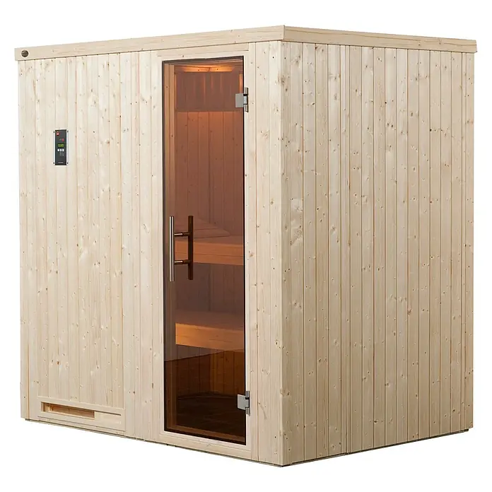 Weka Elementsauna HALMSTAD 7,5 kW BioS Gr.1 - Bioofen, Steuerung Ofen: Extern, L x B x H: 141 x 192 x 199 cm - Ein helles Holzsauna-Modell mit Glastür und Steuerungspanel, das eine entspannende Wellness-Erfahrung verspricht.