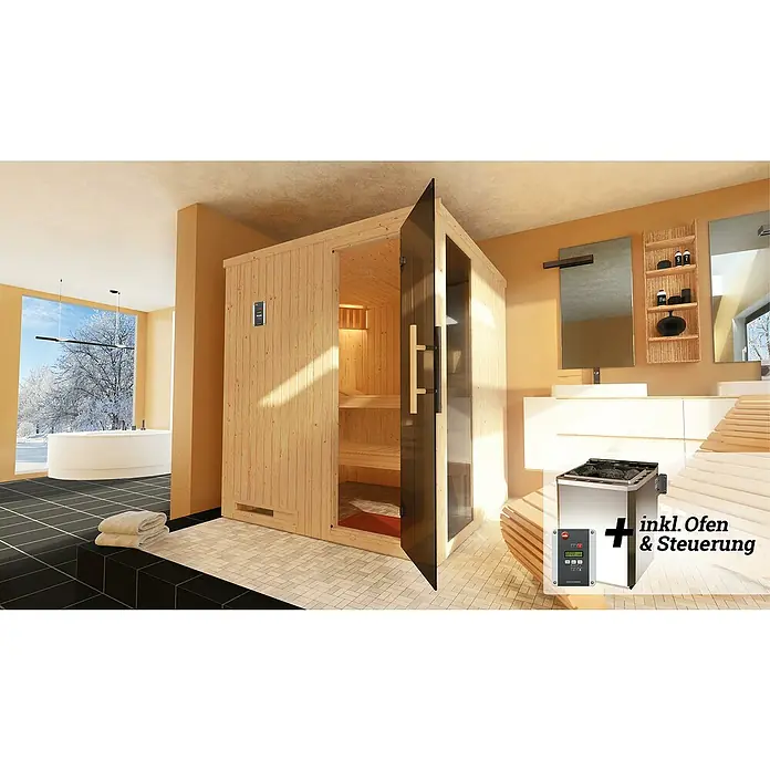 Weka Elementsauna HALMSTAD 7,5 kW BioS Gr.2 - Bioofen, Steuerung Ofen: Extern, L x B x H: 177 x 194 x 199 cm - Eine helle Holzsauna mit Glastür steht im Badezimmer, daneben ein Saunaofen mit Steuerung.