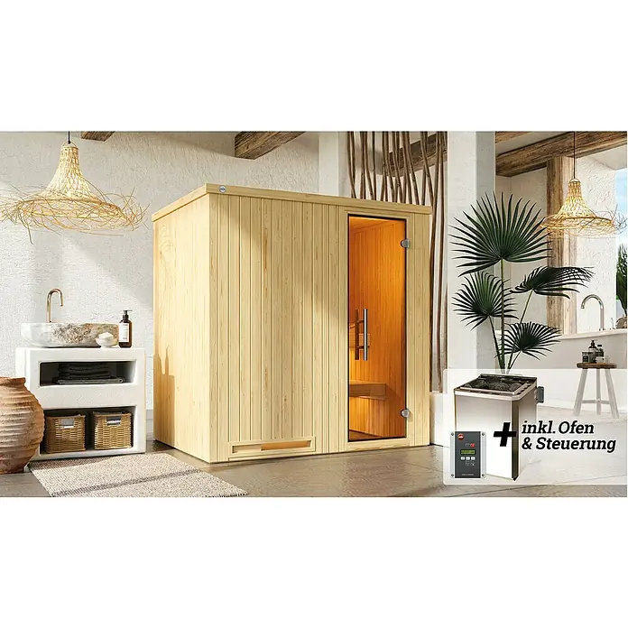 Weka Elementsauna HALMSTAD 7,5 kW BioS Gr.1 - Bioofen, Steuerung Ofen: Extern, L x B x H: 141 x 192 x 199 cm - Eine moderne Sauna mit Glastür und heller Holzverkleidung, inklusive Ofen und Steuerung.