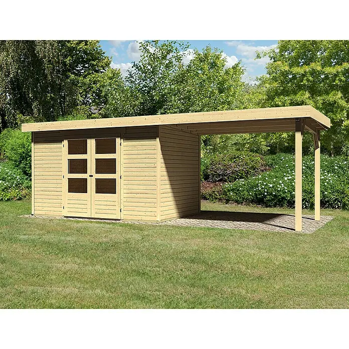 Karibu Gartenhaus Askola - Außenmaß inkl. Dachüberstand (B x T): 591,5 x 238 cm, Holz, Natur, Mit Anbau - Geräumiges Holzgartenhaus mit Carport-Anbau, ideal für die Aufbewahrung von Gartengeräten und als Unterstand für Fahrzeuge oder Sitzgelegenheiten.