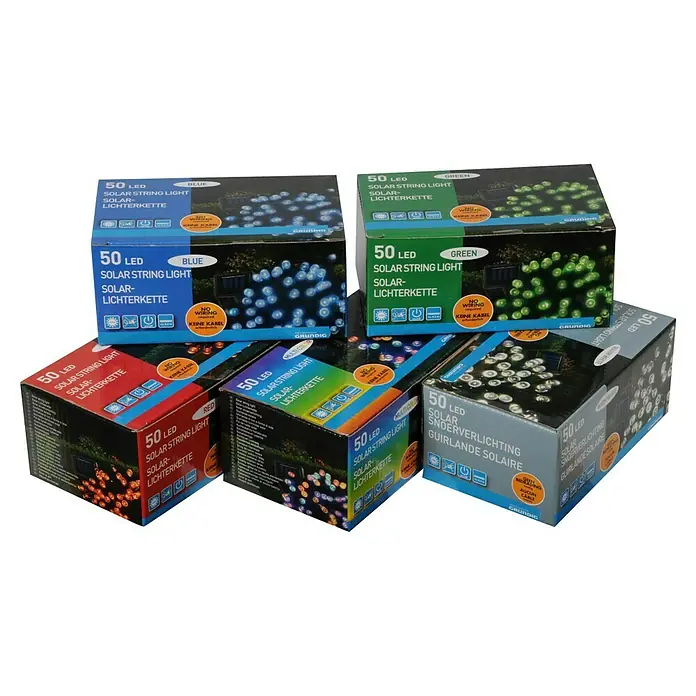 Guirnalda luminosa solar - Largo: 6,4 mm, LED - Foto del producto de luces solares Grundig en varios colores: azul, verde, rojo y blanco cálido.