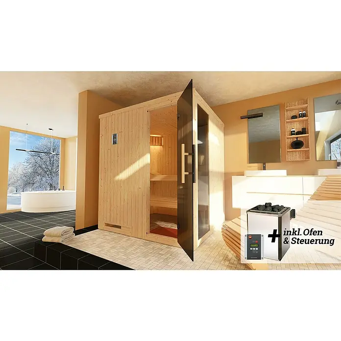 Weka Elementsauna HALMSTAD 7,5 kW OS Gr.2 - Elektroofen, Steuerung Ofen: Extern, L x B x H: 175 x 192 x 199 cm - Produktansicht einer modernen Sauna mit Ofen und Steuerung für ein entspannendes Wellnesserlebnis.