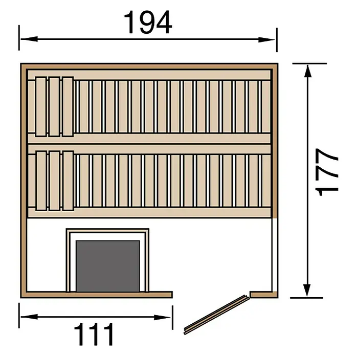 Weka Elementsauna HALMSTAD 7,5 kW OS Gr.2 - Elektroofen, Steuerung Ofen: Extern, L x B x H: 175 x 192 x 199 cm - Grundriss einer Sauna mit Maßen. Die Sauna hat zwei Bänke und einen Ofen. Die Maße sind in Zentimetern angegeben.