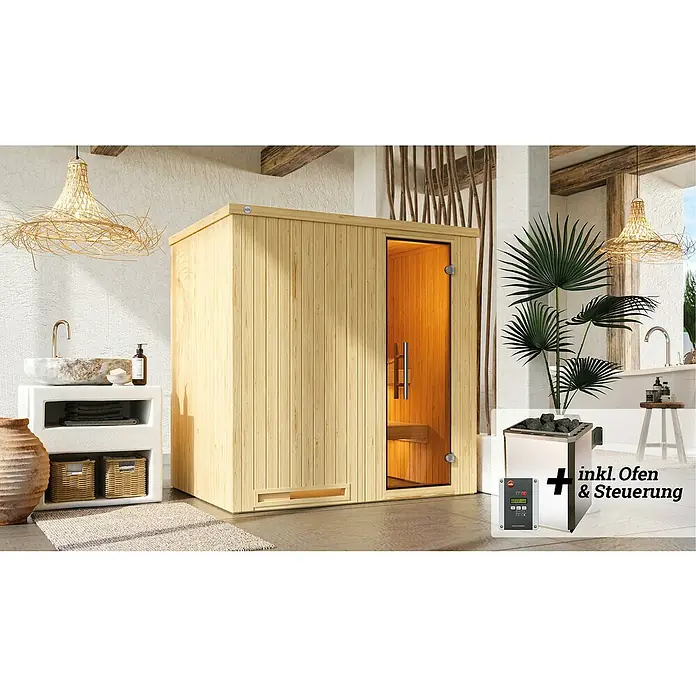 Weka Elementsauna HALMSTAD 7,5 kW OS Gr.1 - Elektroofen, Steuerung Ofen: Extern, L x B x H: 141 x 192 x 199 cm - Innenaufnahme einer Sauna mit Holzverkleidung, ergänzt durch einen Ofen und Steuerung. Das Interieur ist mit natürlichen Elementen dekoriert.