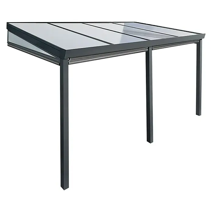 Gardendreams Terrassenüberdachung Gartenzimmer - B x T: 400 x 304,5 cm, Anthrazitgrau, Polycarbonat, Opal - Nahaufnahme eines Carports mit grauem Rahmen und transparentem Dach, das Schutz vor Witterungseinflüssen bietet.