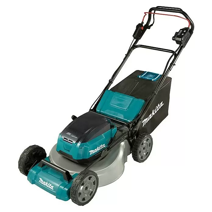 Makita LXT 18V Akku-Rasenmäher DLM465Z - 36 V, Ohne Akku, Schnittbreite: 46 cm - Türkiser und schwarzer Makita Akku-Rasenmäher mit silbernem Deck und schwarzem Fangkorb.