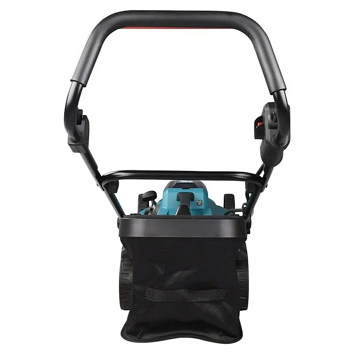 Makita LXT 18V Akku-Rasenmäher DLM330Z - 18 V, Ohne Akku, Schnittbreite: 33 cm - Ansicht eines Rasenmähers, der mit einem Grasfangkorb ausgestattet ist und über einen Griff zum einfachen Manövrieren verfügt.