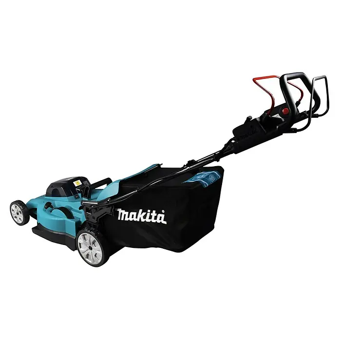 Makita LXT 18V Akku-Rasenmäher DLM539PT2 - 36 V, 2 Akkus, 5 Ah, Schnittbreite: 53,4 cm - Das Bild zeigt einen akkubetriebenen Makita Rasenmäher mit einem schwarzen Fangkorb und einem roten Griff, ideal für die Gartenarbeit.