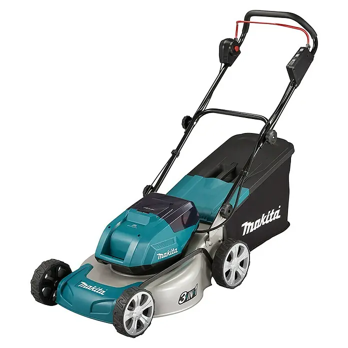 Makita LXT 18V Akku-Rasenmäher DLM463PG4 - 36 V, 4 Akkus, 6 Ah, Schnittbreite: 46 cm - Der Makita Akku-Rasenmäher ist ein zuverlässiges Gartengerät für effizientes Rasenmähen. Ideal für jeden Gartenbesitzer.