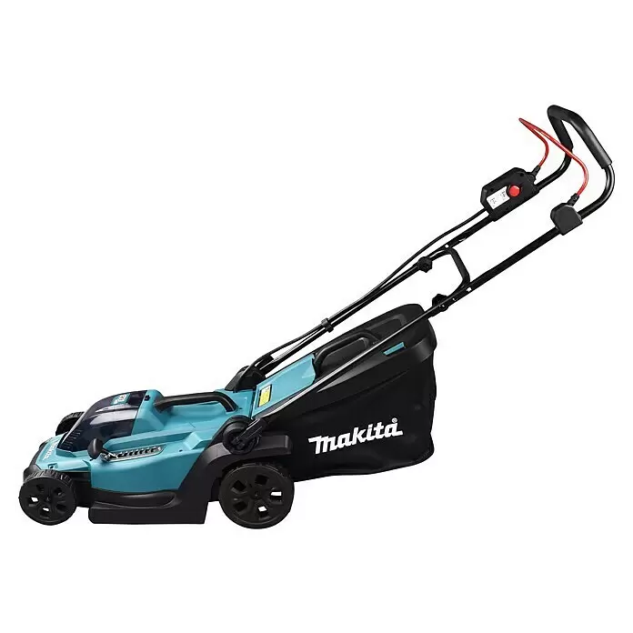 Makita LXT 18V Akku-Rasenmäher DLM330Z - 18 V, Ohne Akku, Schnittbreite: 33 cm - Ein blauer und schwarzer Makita Akku-Rasenmäher mit Fangkorb und rotem Sicherheitsschalter.