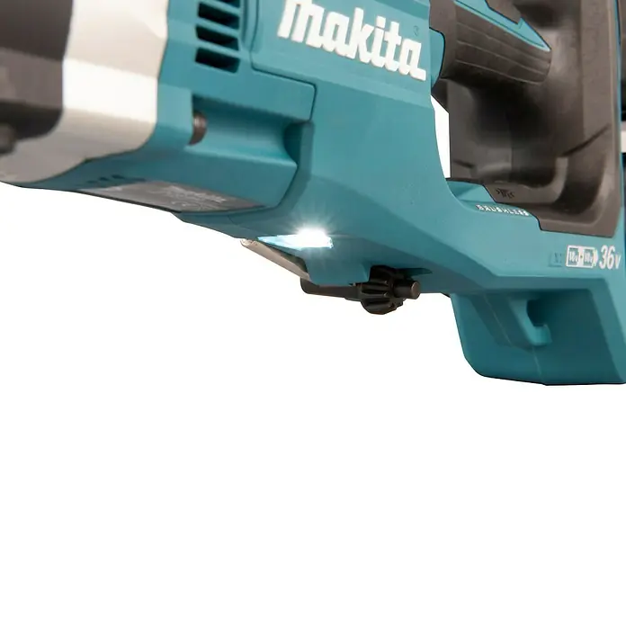Makita LXT 18V Akku-Erdbohrer DDG460ZX7 - 36 V, Li-Ionen, Ohne Akku - Nahaufnahme einer Makita Akku-betriebenen Bohrmaschine mit Licht, die die Marke und das Design des Werkzeugs hervorhebt.