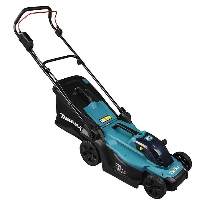 Makita LXT 18V Akku-Rasenmäher DLM330Z - 18 V, Ohne Akku, Schnittbreite: 33 cm - Makita Akku-Rasenmäher in Türkis und Schwarz, mit Grasfangkorb, aus erhöhter Perspektive.