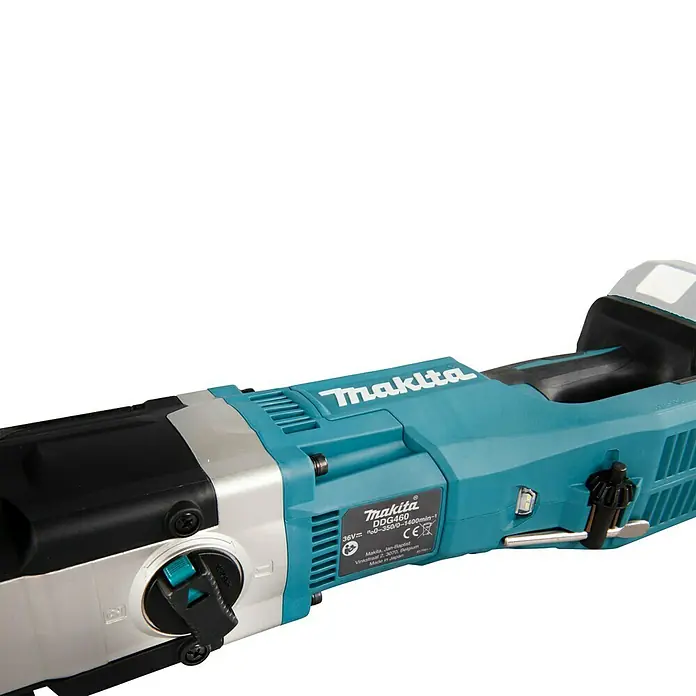 Makita LXT 18V Akku-Erdbohrer DDG460ZX7 - 36 V, Li-Ionen, Ohne Akku - Nahaufnahme einer Makita DDG460 Akku-Erdbohrmaschine in blau und schwarz, ideal für Gartenarbeiten.