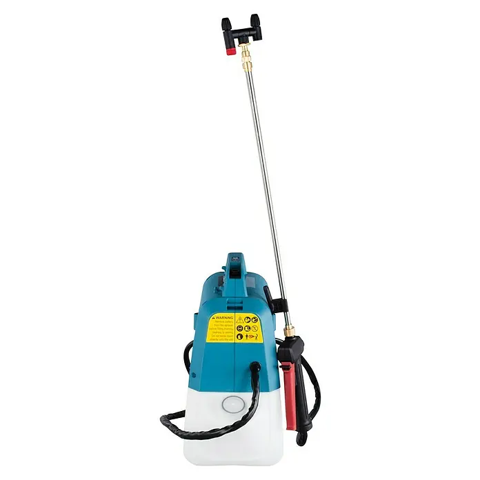 Makita LXT 18V Akku-Sprühgerät DUS054Z - 18 V, Ohne Akku, 1,5 bar - 3 bar - Bild einer Akku-Druckspritze mit Sprühlanze, ideal für Gartenarbeiten. Das Gerät ist blau-weiß mit einem schwarzen Kabel.