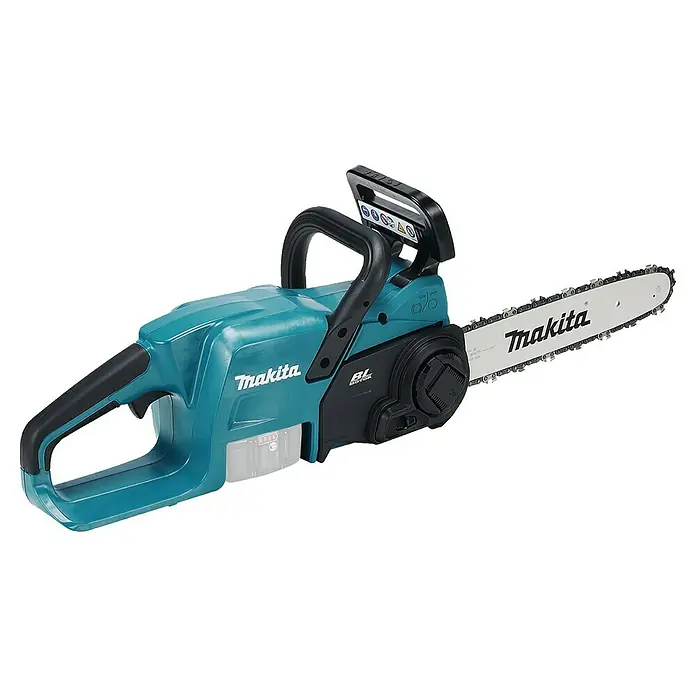 Makita LXT 18V Akku-Kettensäge DUC307 - 18 V, Li-Ionen, Ohne Akku, Schwertlänge: 30 cm - Nahaufnahme einer akkubetriebenen Makita-Kettensäge mit blaugrünem Gehäuse und schwarzem Griff vor schwarzem Hintergrund.