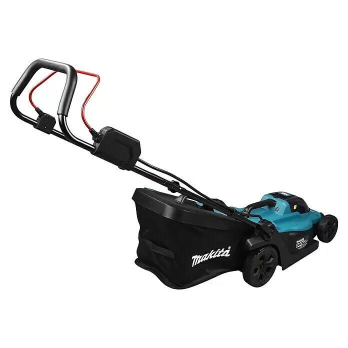 Makita LXT 18V Akku-Rasenmäher DLM330Z - 18 V, Ohne Akku, Schnittbreite: 33 cm - Makita Akku-Rasenmäher in Türkis und Schwarz mit Grasfangsack und rotem Sicherheitsbügel.