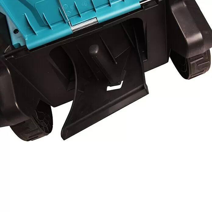 Makita LXT 18V Akku-Rasenmäher DLM330Z - 18 V, Ohne Akku, Schnittbreite: 33 cm - Unterseite eines türkis-schwarzen Kunststoff-Rollgeräts mit Rädern, sichtbarer Metallfeder und Stützfuß.