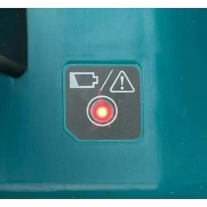 Makita LXT 18V Akku-Rasenmäher DLM330Z - 18 V, Ohne Akku, Schnittbreite: 33 cm - Statusanzeige mit Batteriesymbol, Warndreieck und rotem Licht auf einem blau-grünen Gerät.